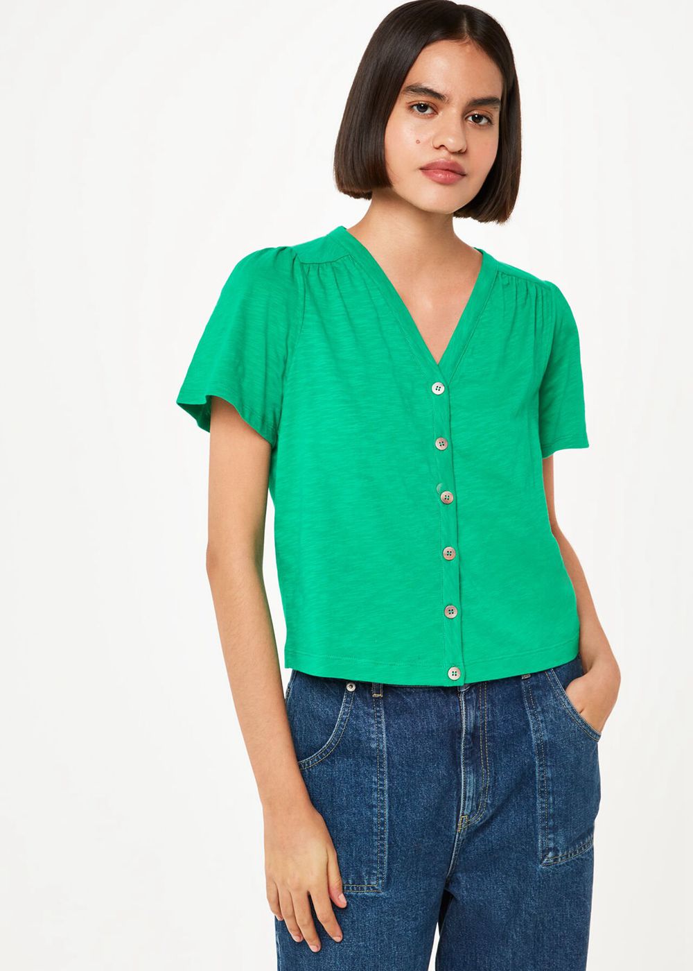 Whistles Maeve V Neck Button Front T-Shirt Green | US-13650FONQ