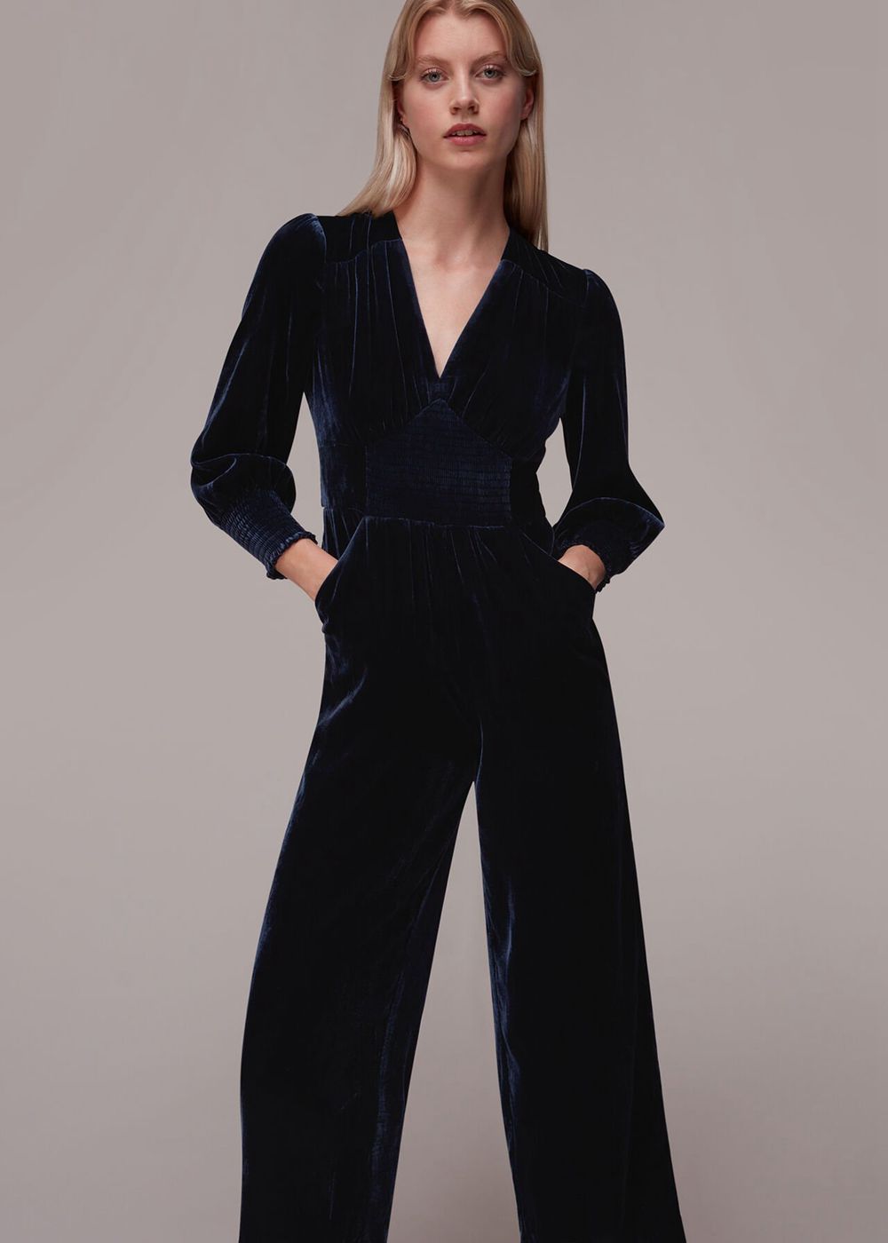 Whistles Maisey Shirred Velvet Jumpsuit Navy | US-07268DTRS