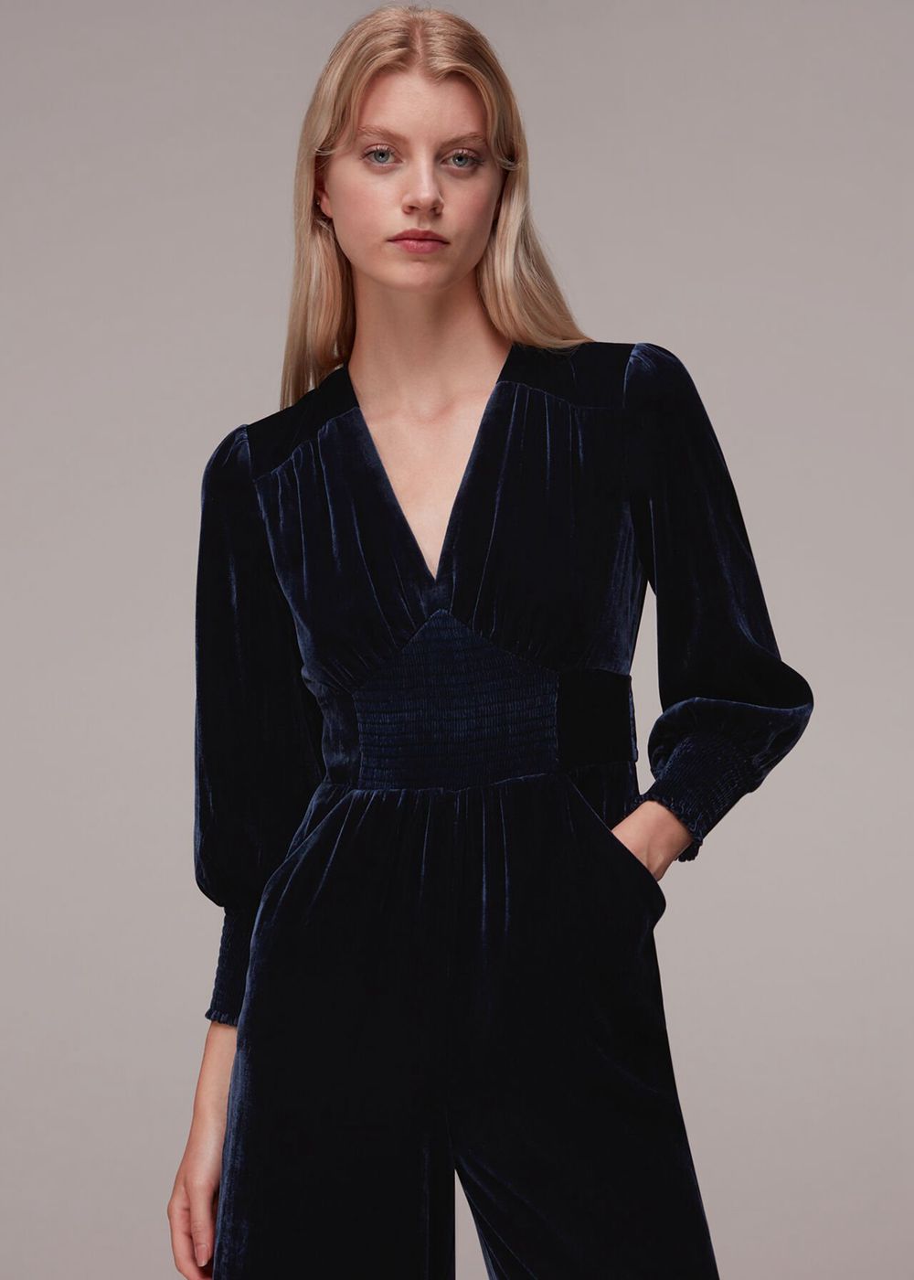 Whistles Maisey Shirred Velvet Jumpsuit Navy | US-07268DTRS