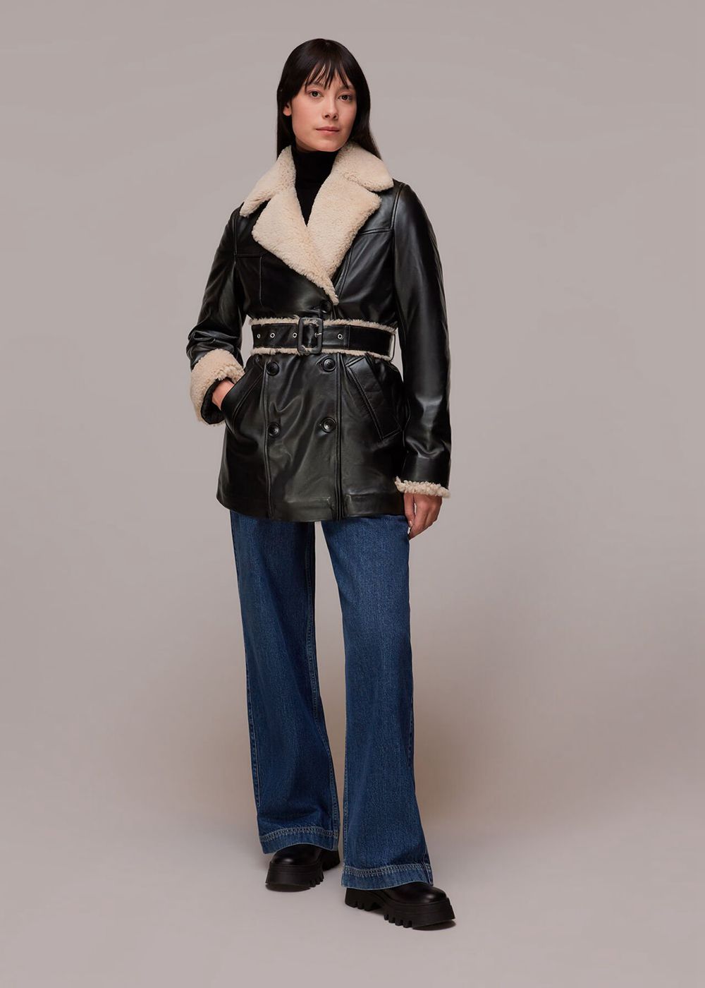 Whistles Maya Leather Belted Coat Black / Multicolor | US-06927OEXL