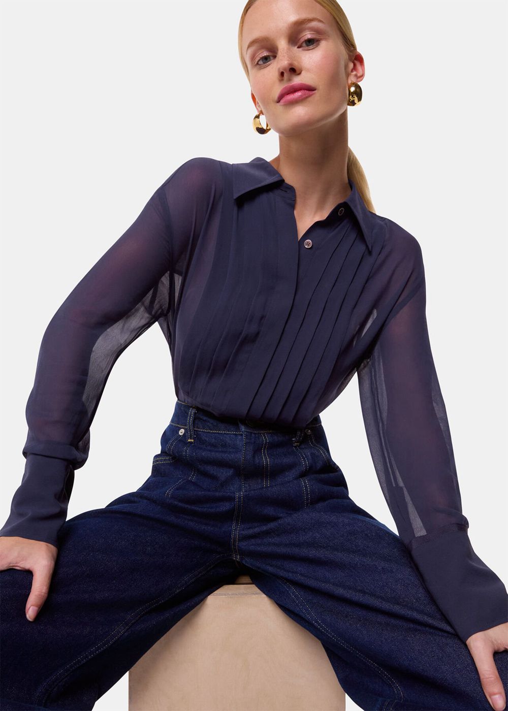 Whistles Maya Pintuck Detail Blouse Navy | US-69351LKUN