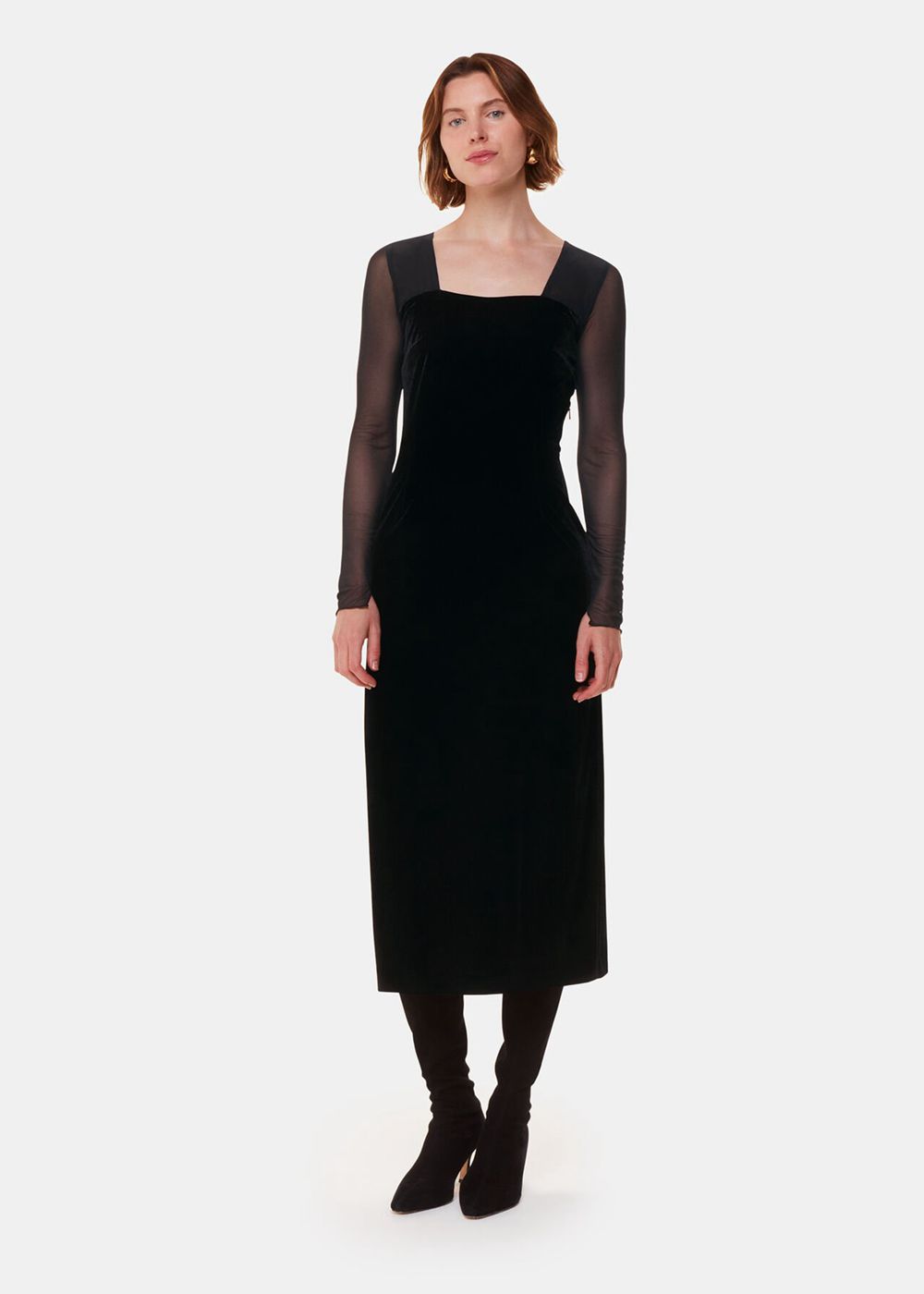 Whistles Mesh Sleeve Velvet Dress Black | US-03257FSEN