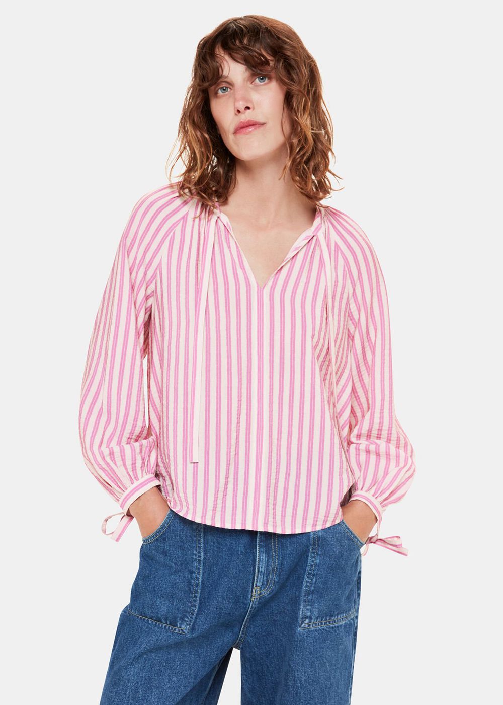 Whistles Mia Stripe Tie Neck Blouse Pink / Multicolor | US-05631AGOL