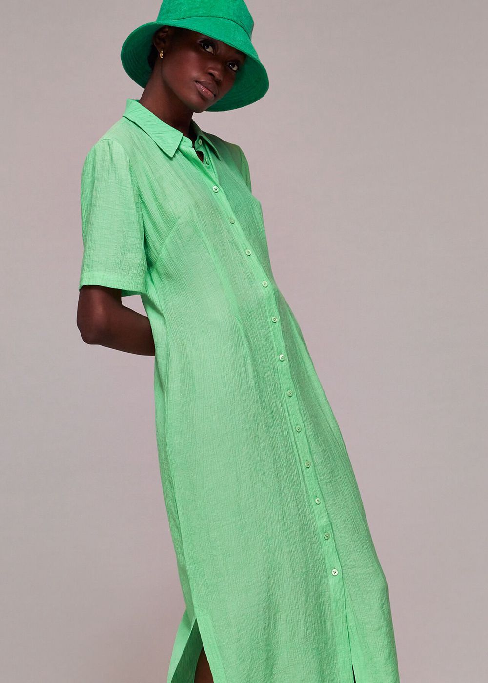 Whistles Millie Plisse Shirt Dress Light Green | US-81452YWZT