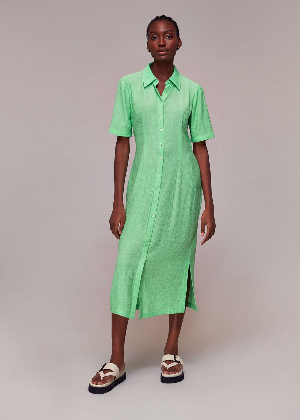 Whistles Millie Plisse Shirt Dress Light Green | US-81452YWZT