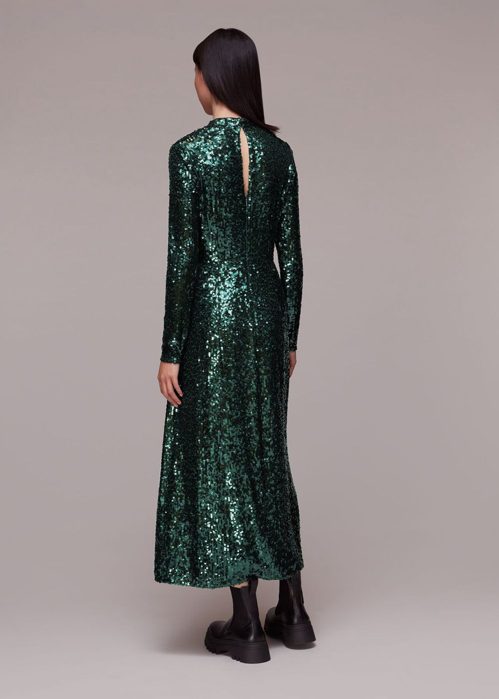 Whistles Minimal Sequin Midi Dress Dark Green | US-05824FLNY