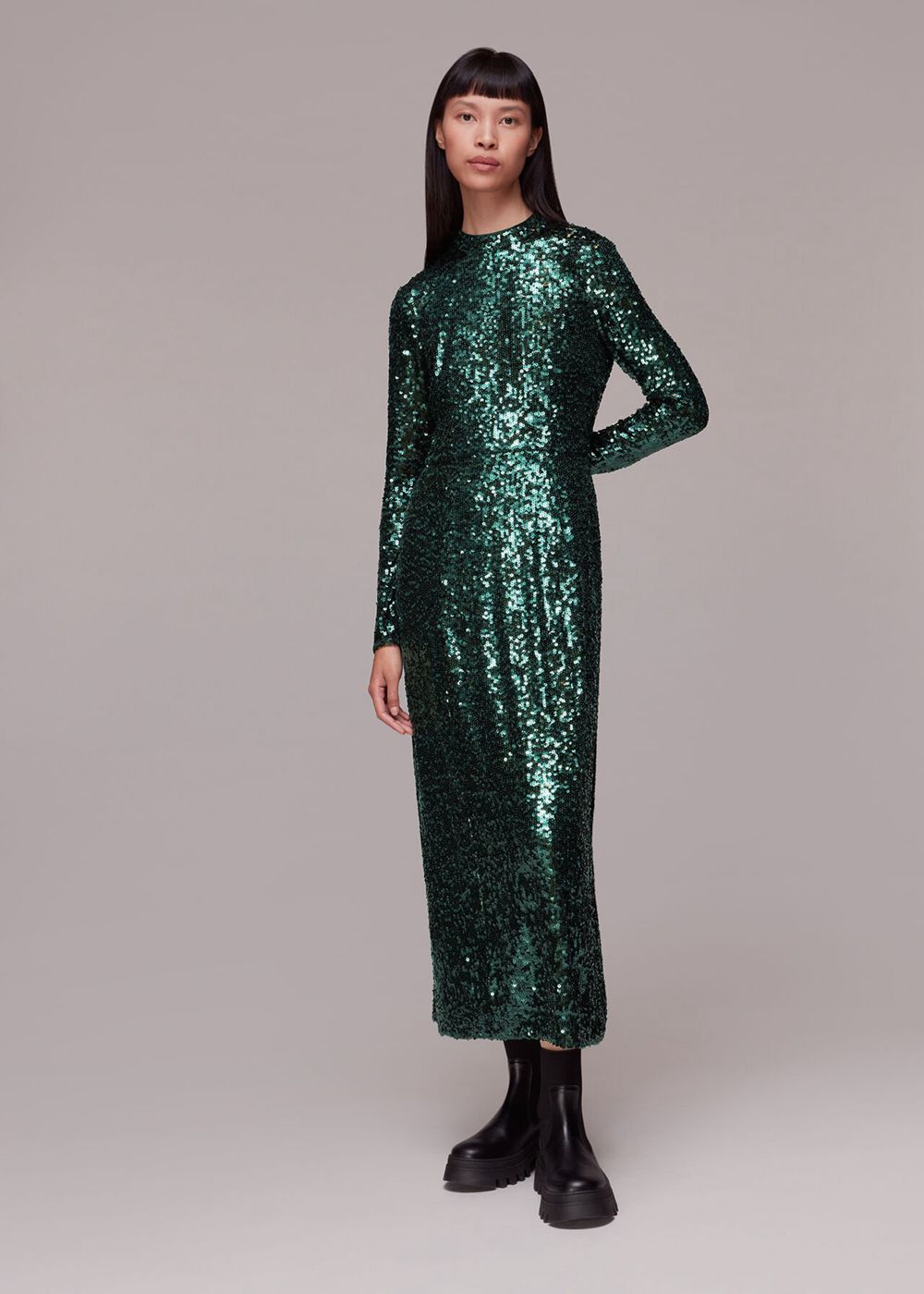 Whistles Minimal Sequin Midi Dress Dark Green | US-05824FLNY