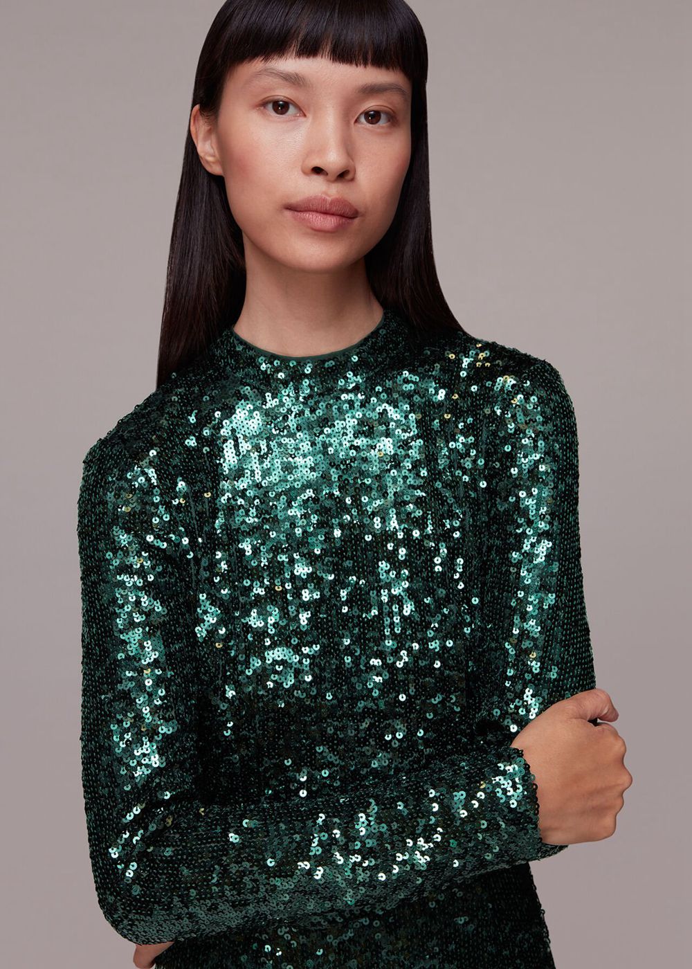 Whistles Minimal Sequin Midi Dress Dark Green | US-05824FLNY