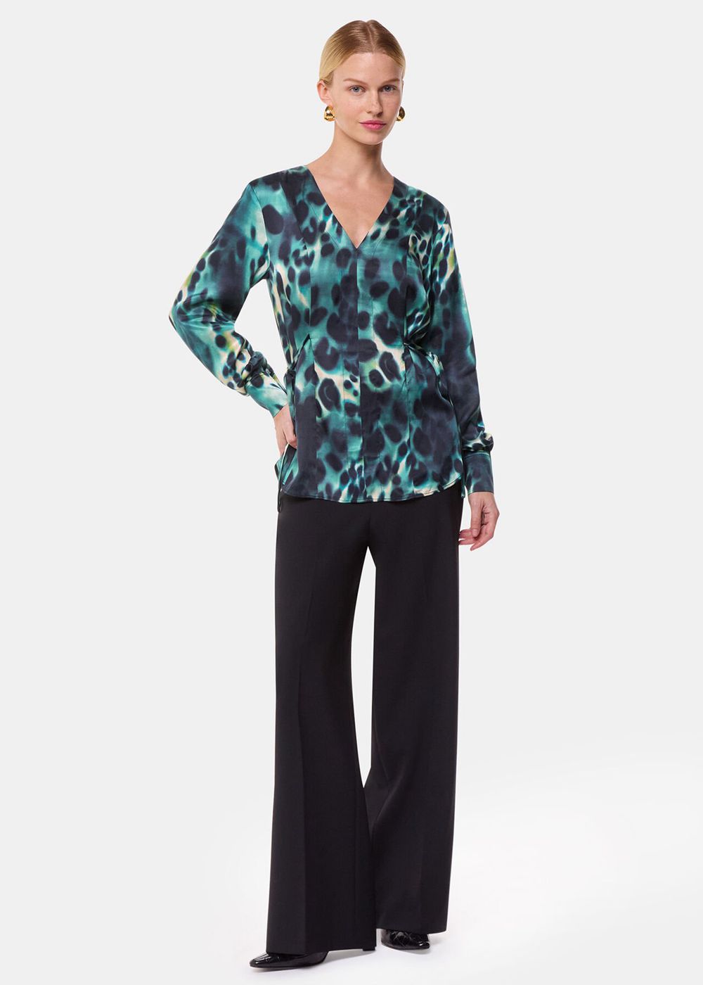 Whistles Misty Leopard V Neck Blouse Green / Multicolor | US-32148LTJY