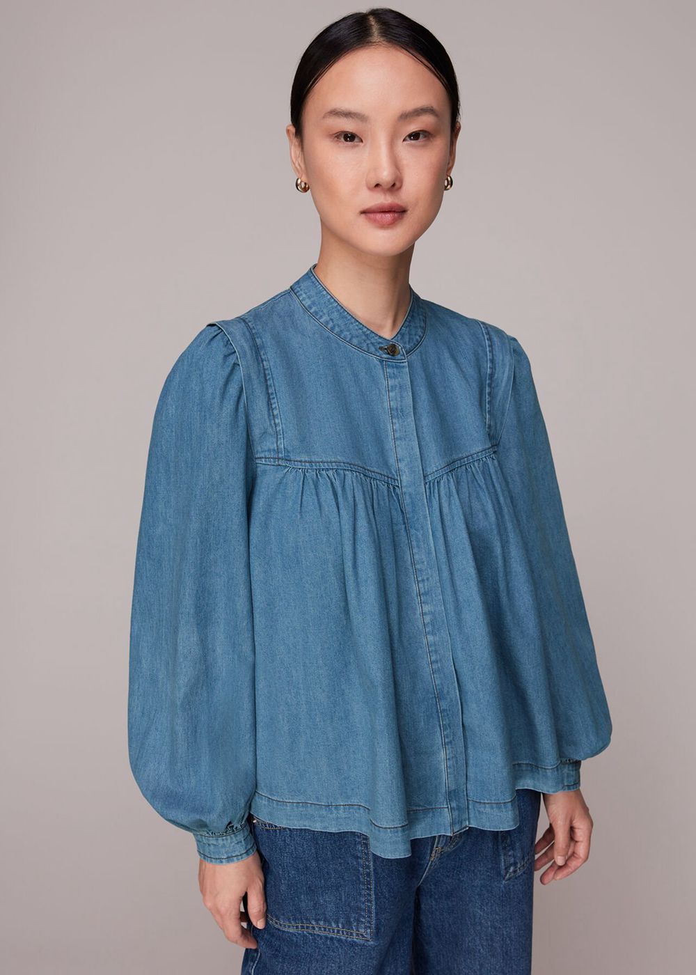 Whistles Mollie Chambray Denim Blouse Blue | US-91638HSIZ