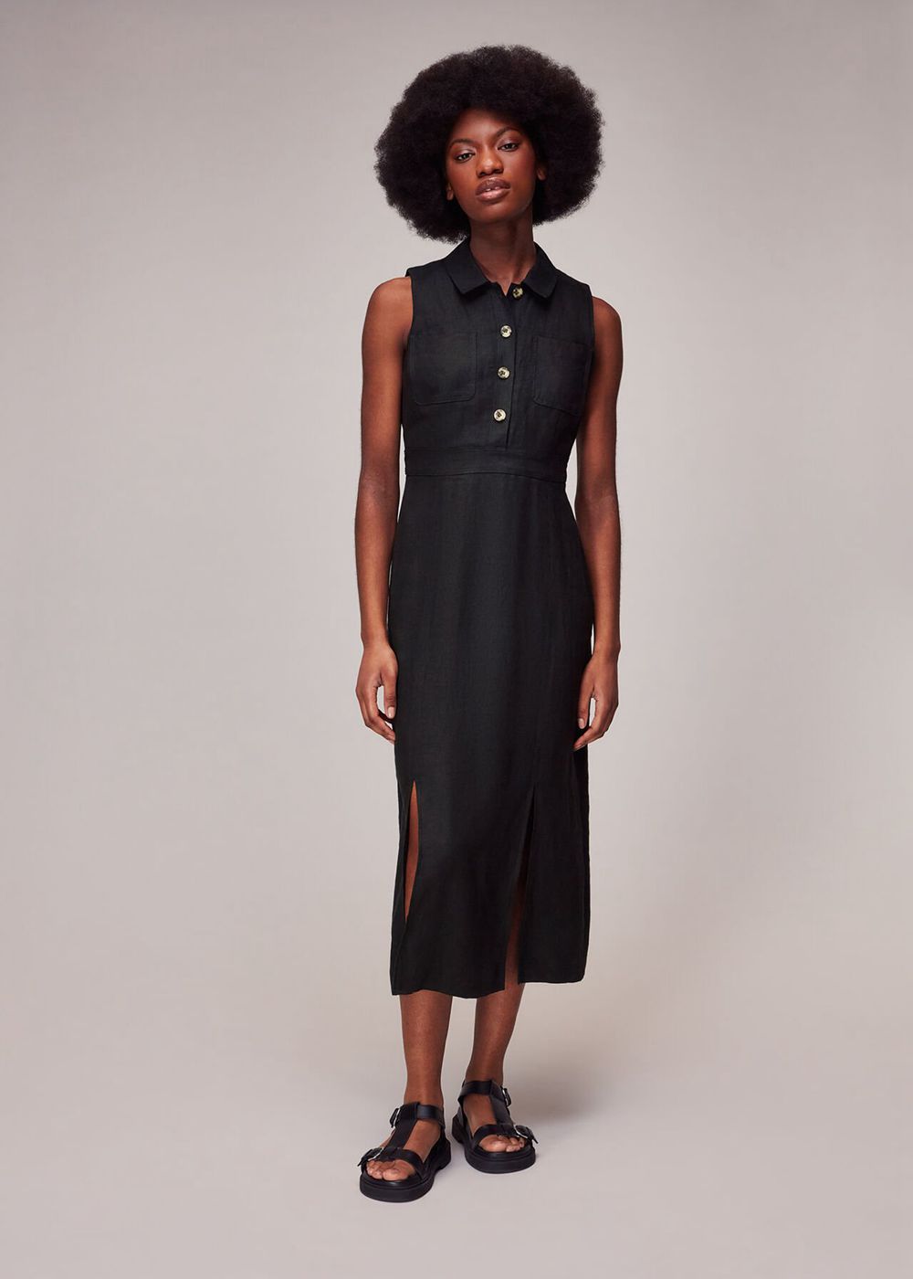 Whistles Molly Linen Midi Dress Black | US-07629PJNI