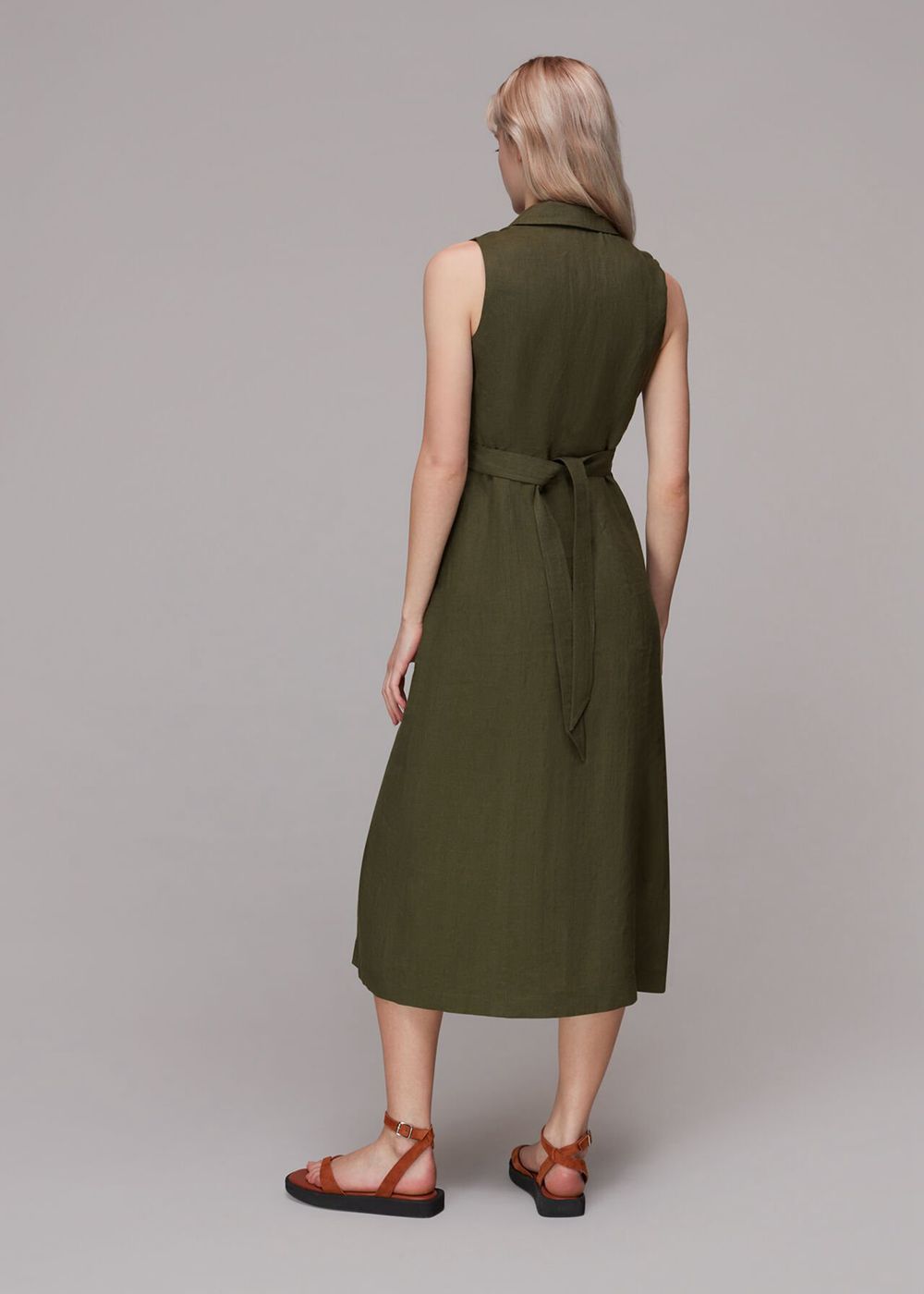 Whistles Molly Linen Midi Dress Khaki | US-57296WDXN