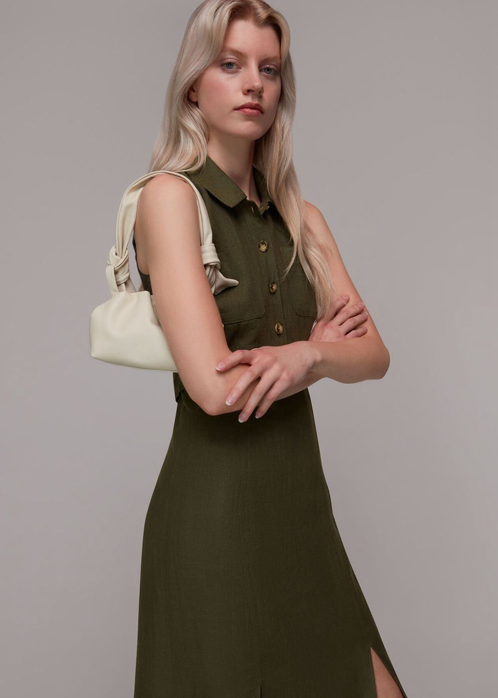 Whistles Molly Linen Midi Dress Khaki | US-57296WDXN