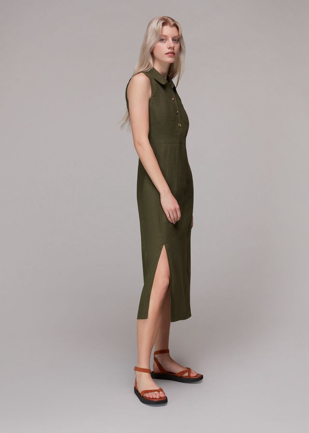 Whistles Molly Linen Midi Dress Khaki | US-57296WDXN