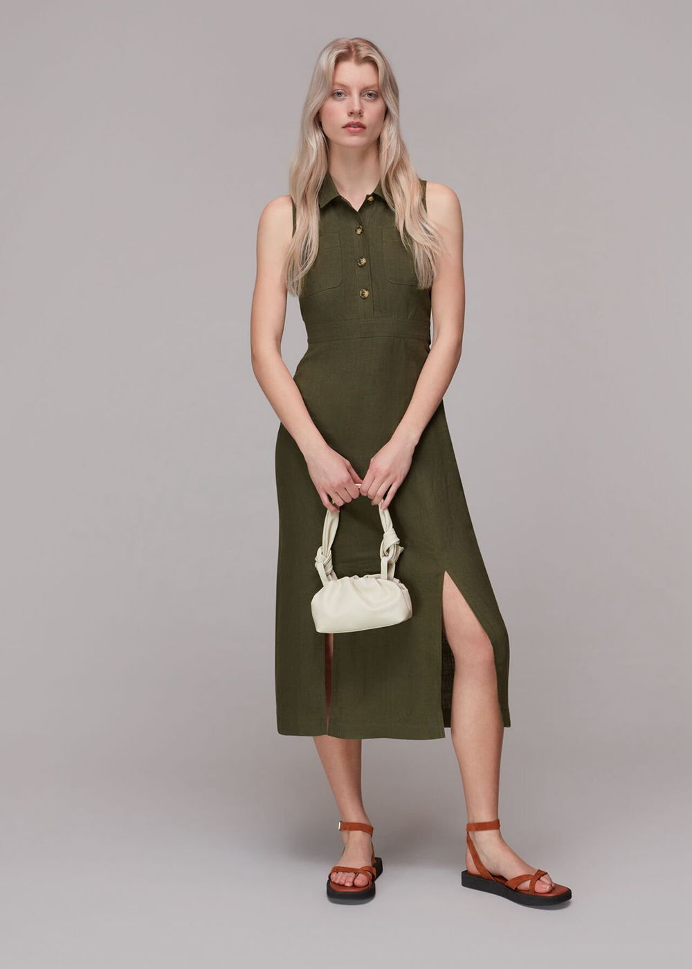 Whistles Molly Linen Midi Dress Khaki | US-57296WDXN