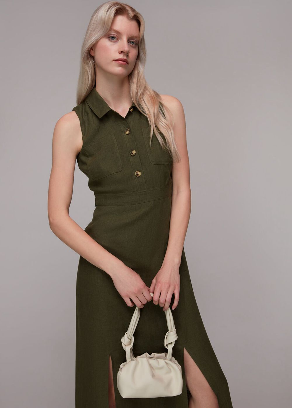 Whistles Molly Linen Midi Dress Khaki | US-57296WDXN