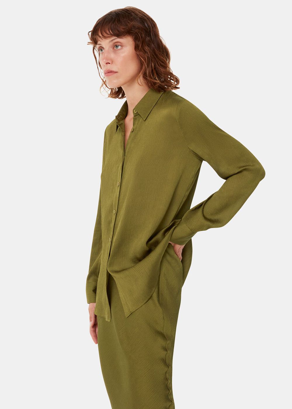 Whistles Molly Satin Shirts Khaki | US-48517OLFH