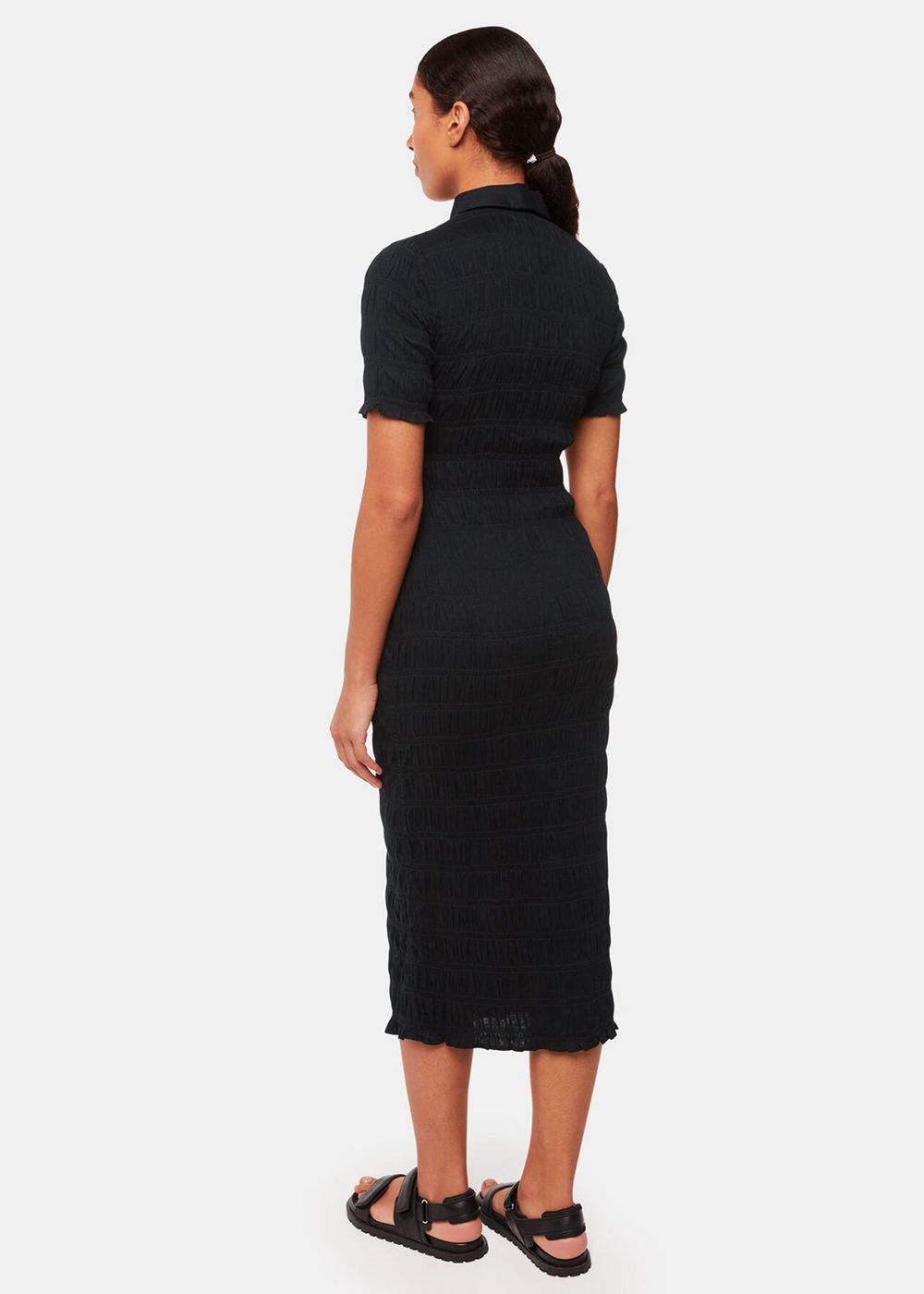 Whistles Monique Shirred Midi Dress Black | US-13628RGYX