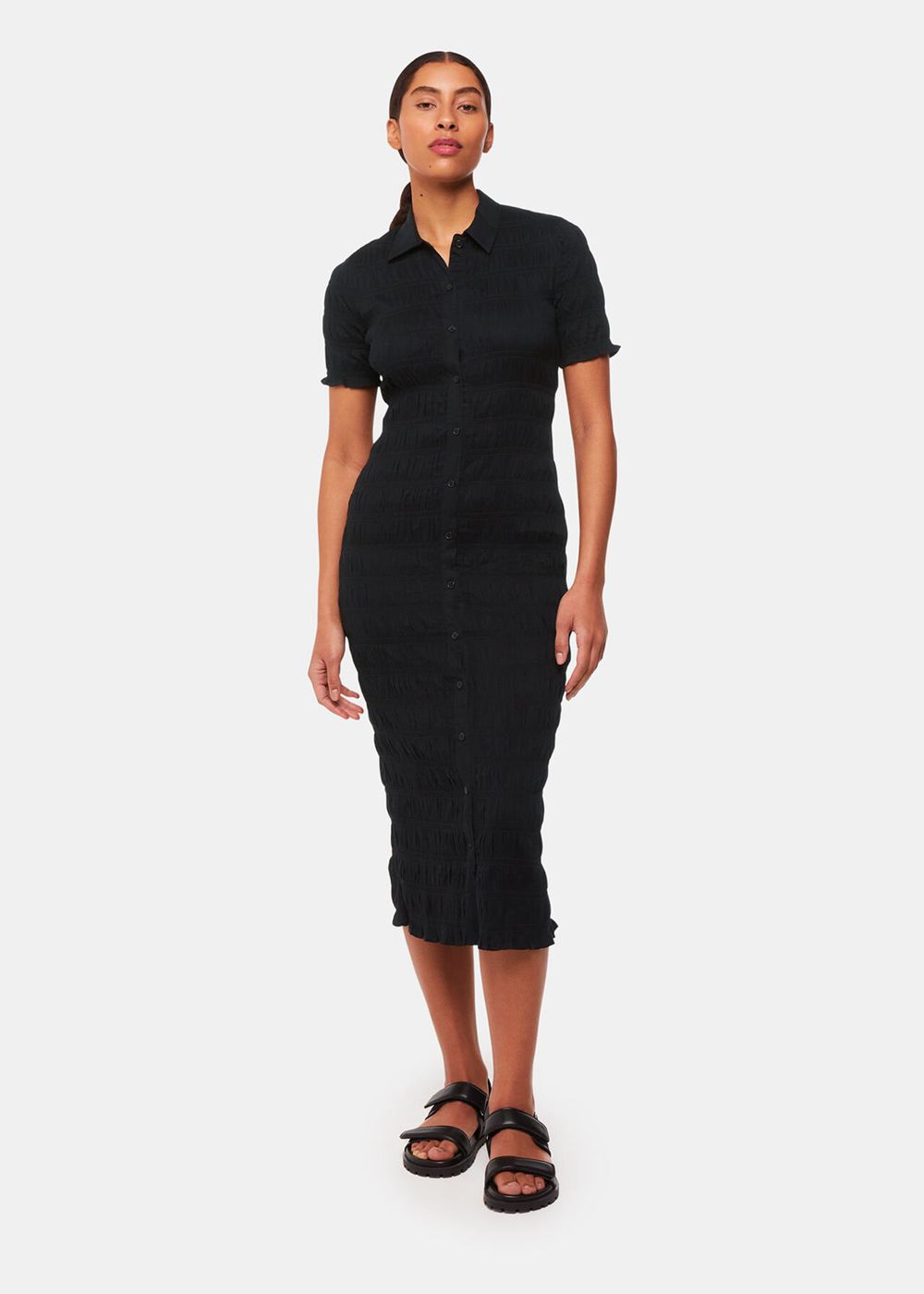 Whistles Monique Shirred Midi Dress Black | US-13628RGYX