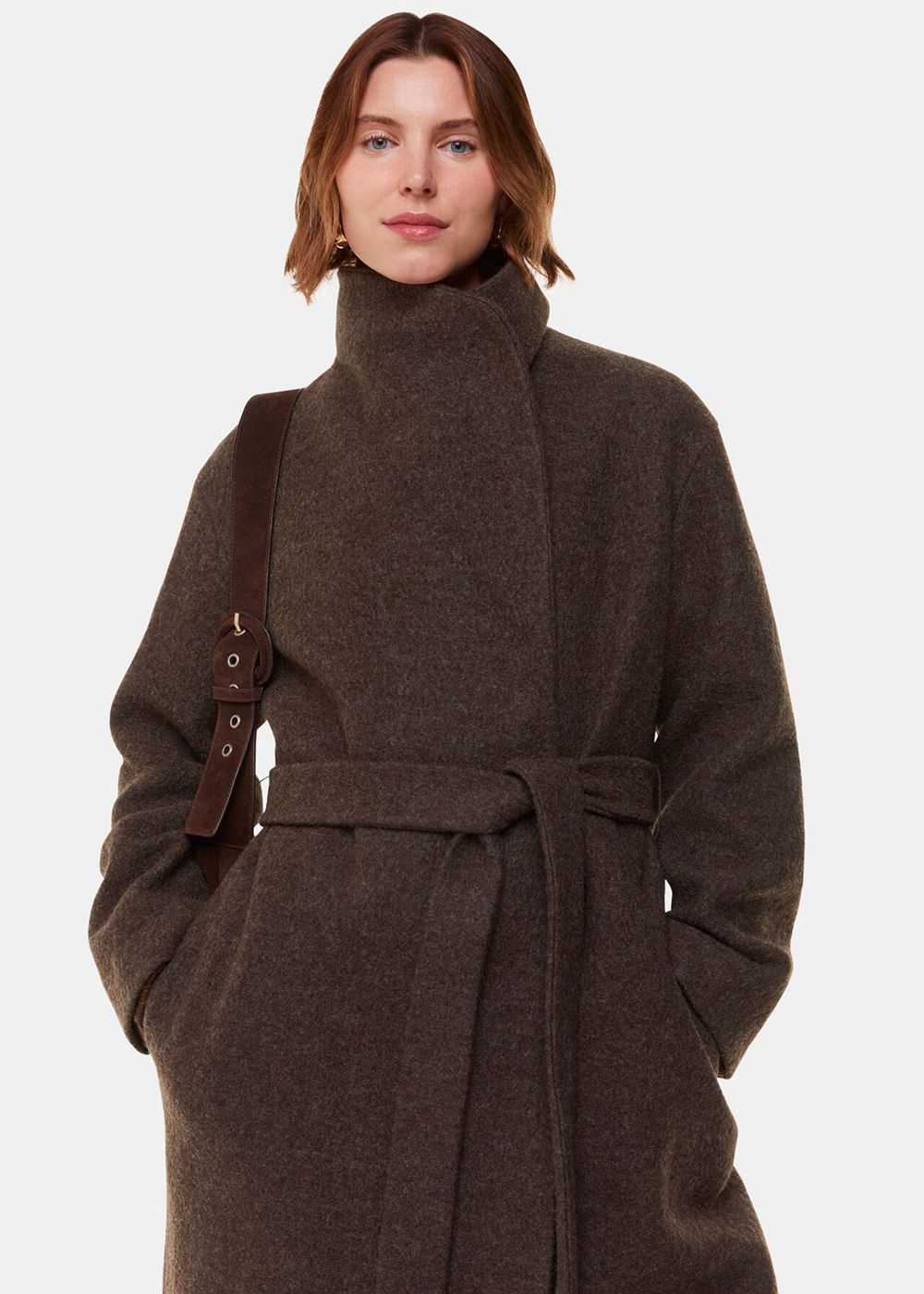 Whistles Morgan Funnel Neck Coat Grey Brown | US-52398SCFO