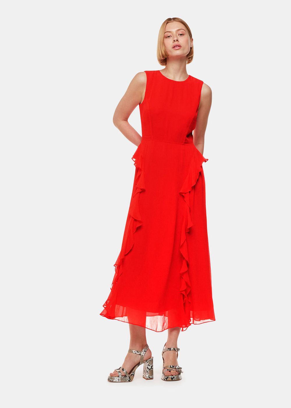 Whistles Nellie Frill Detail Midi Dress Red | US-64379AITG