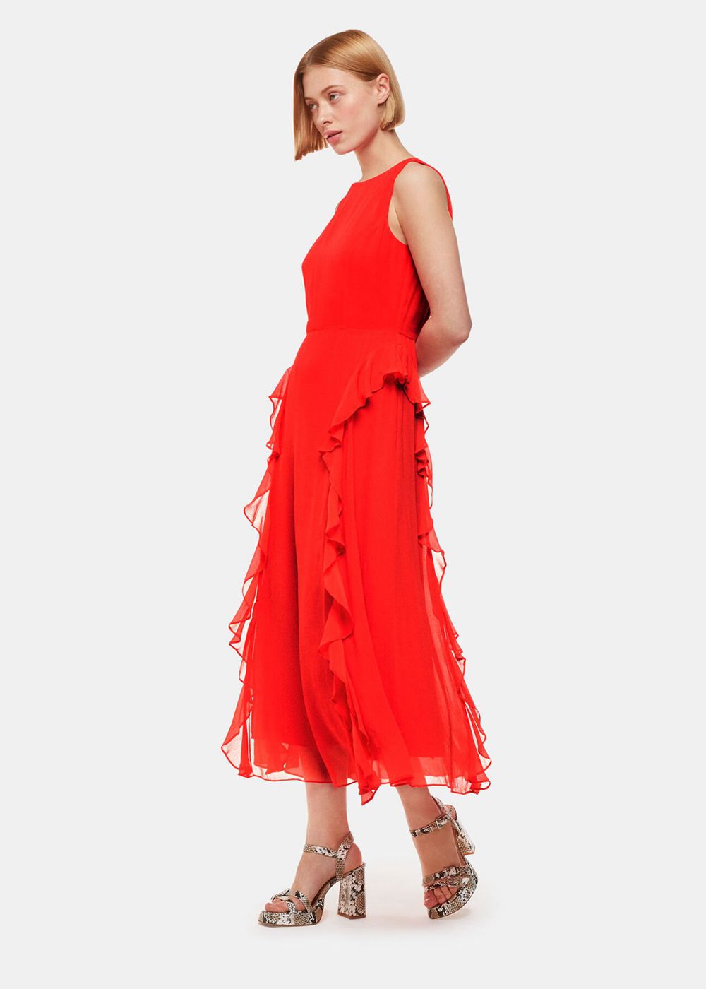 Whistles Nellie Frill Detail Midi Dress Red | US-64379AITG