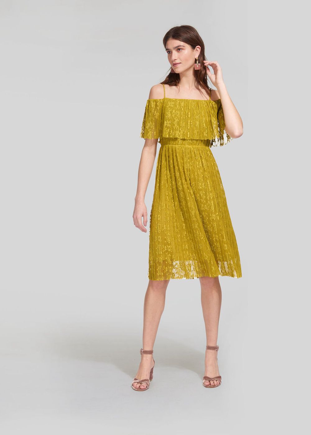 Whistles Off Shoulder Pleated Dress Yellow | US-30258QSOA