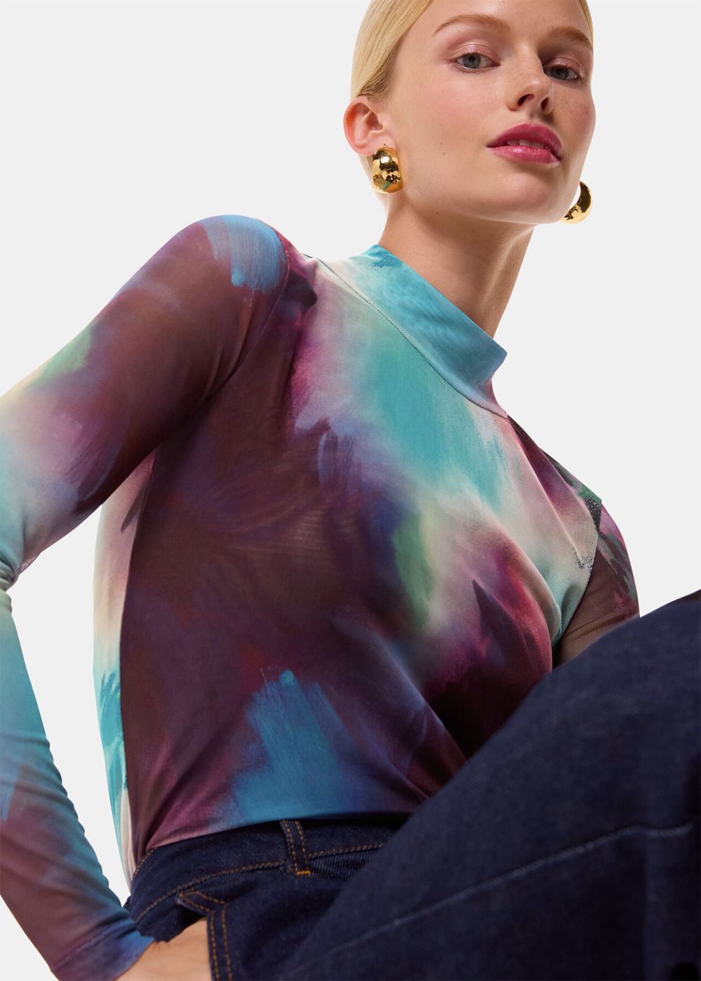 Whistles Oil Paint Print Mesh Top Multicolor | US-43719CYSO