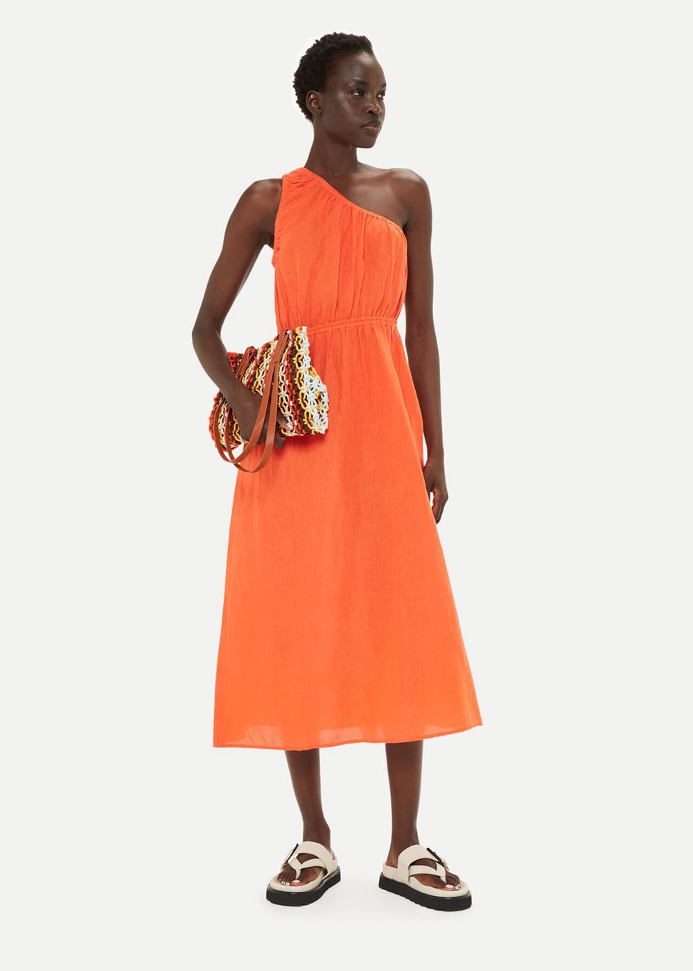 Whistles One Shoulder Linen Blend Dress Orange | US-59284KHBJ