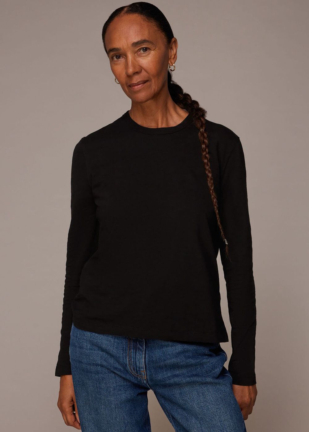 Whistles Organic Long Sleeve Emily Top Black | US-82147PXNG