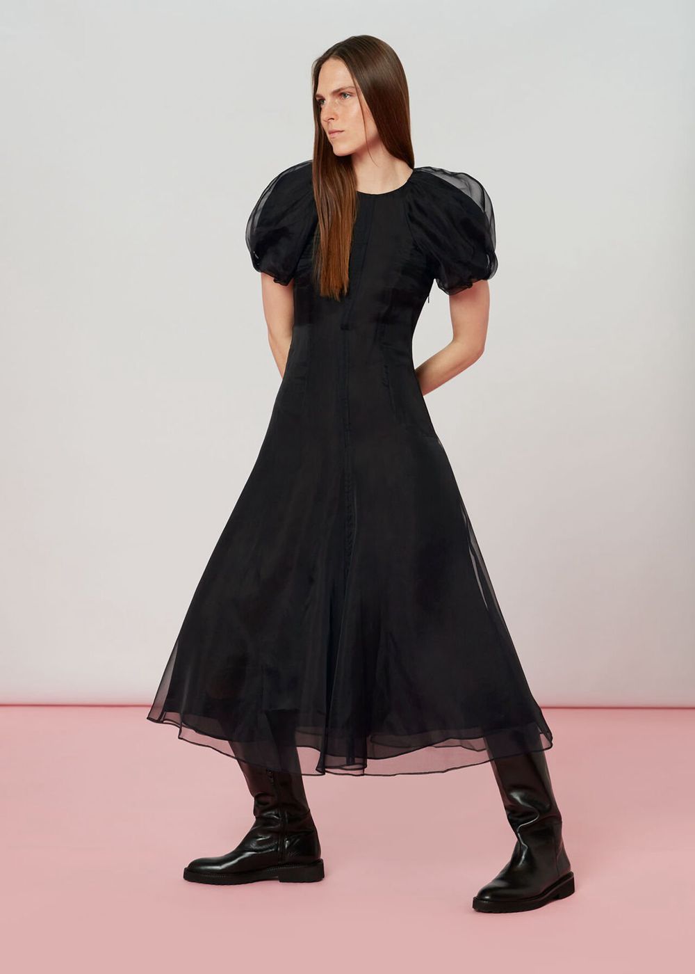 Whistles Organza Puff Sleeve Dress Black | US-51372LUTY