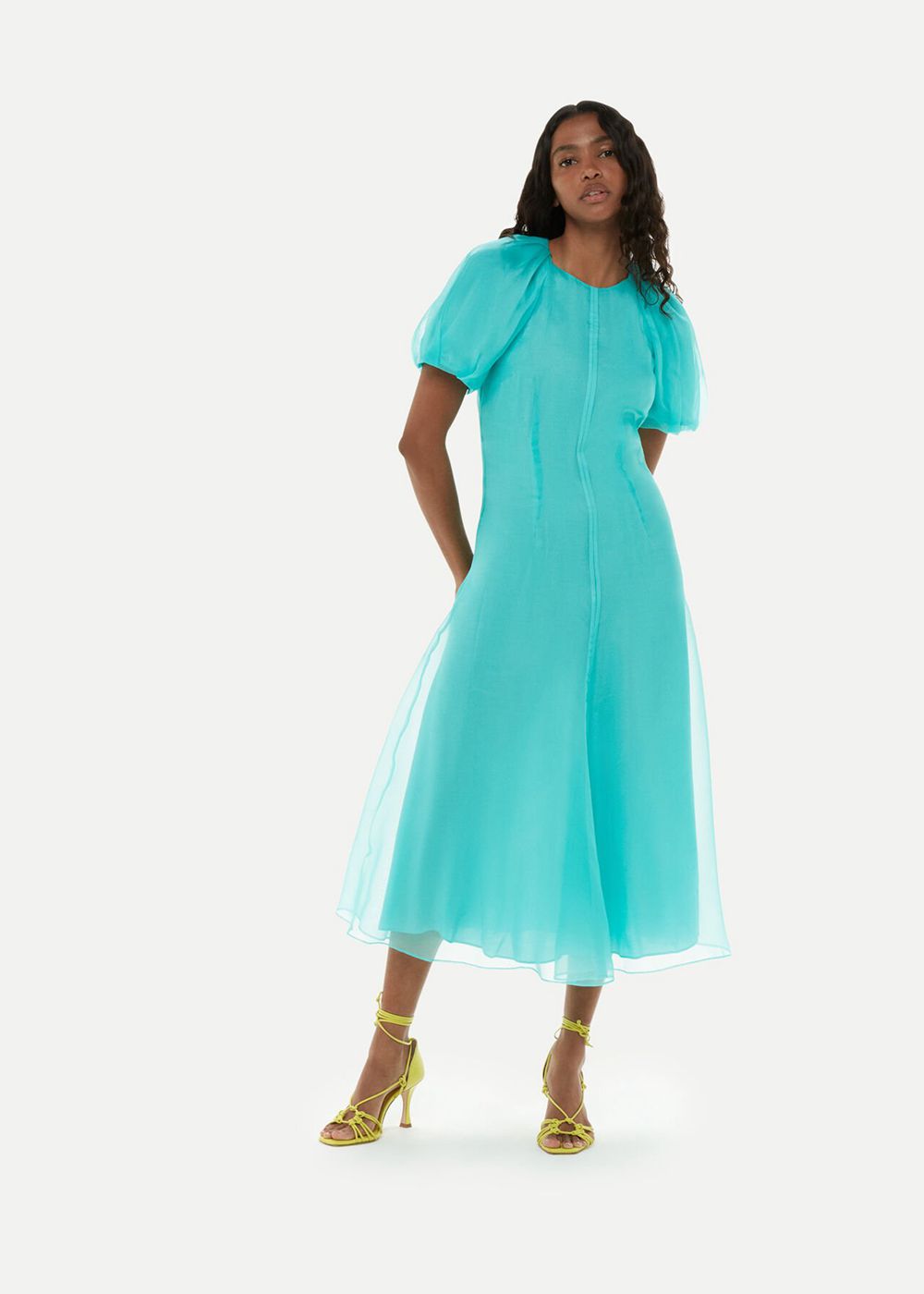 Whistles Organza Silk Puff Sleeve Dress Turquoise | US-63954LNHP