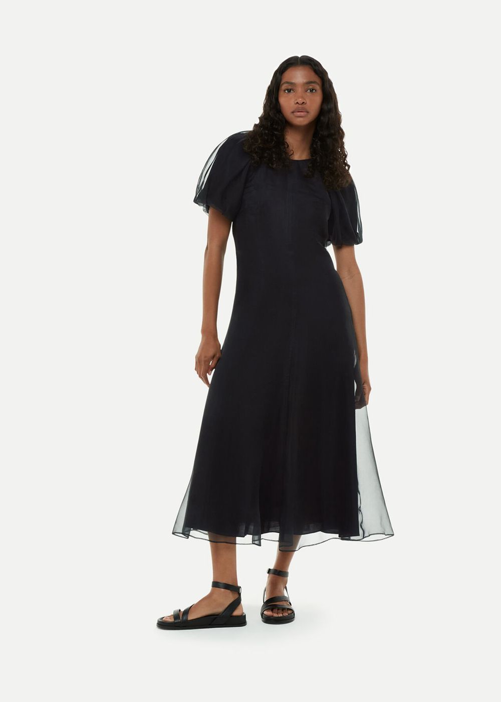 Whistles Organza Silk Puff Sleeve Dress Black | US-21487QGUA