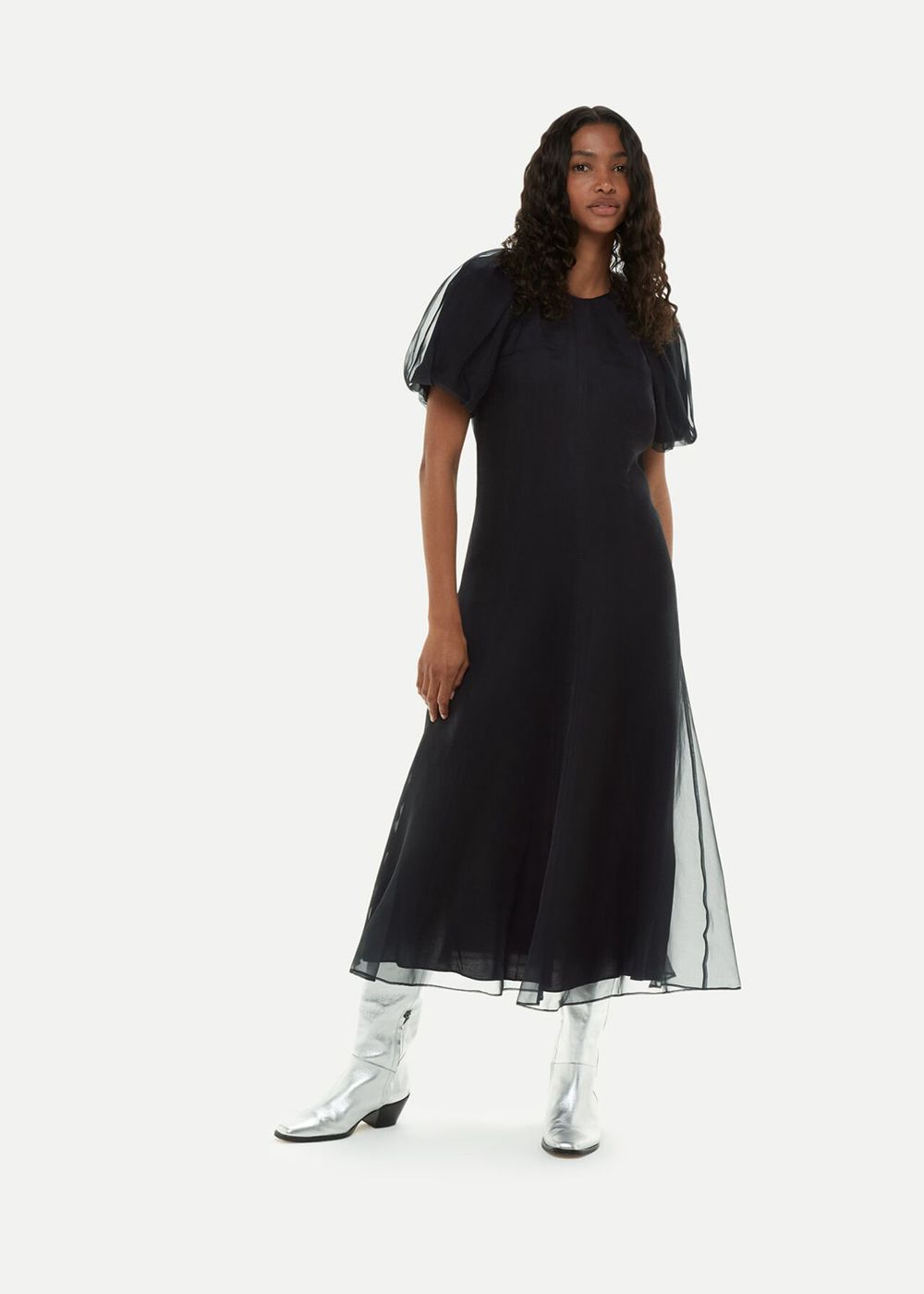 Whistles Organza Silk Puff Sleeve Dress Black | US-21487QGUA