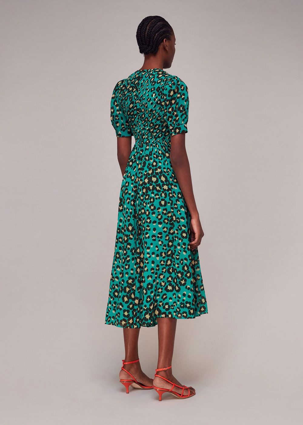 Whistles Painted Leopard Shirred Dress Green / Multicolor | US-98765SOHP