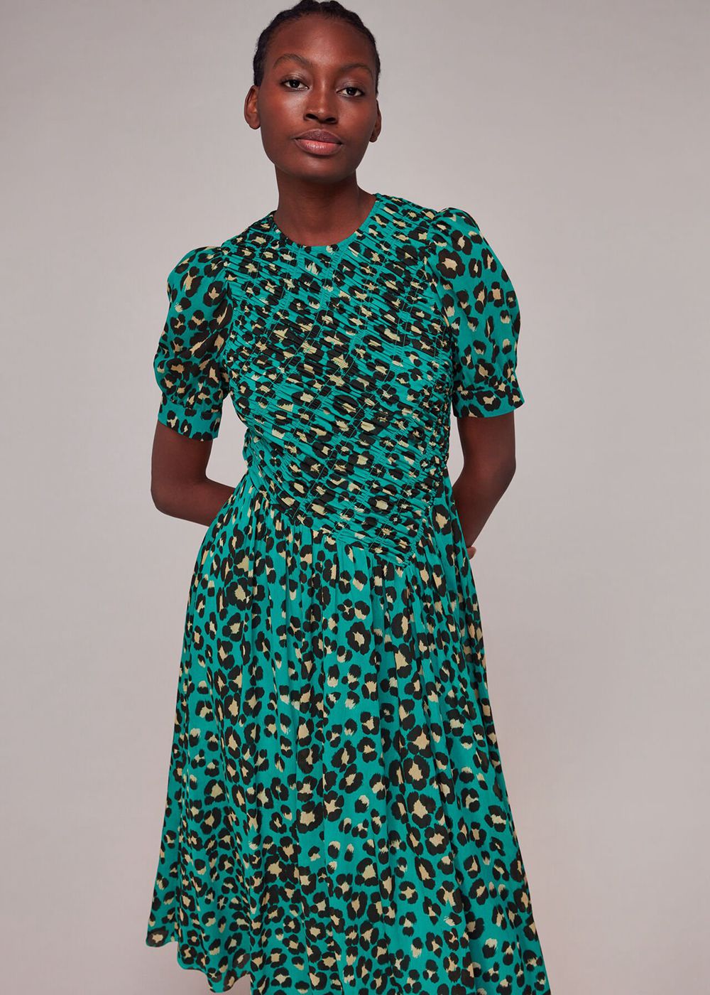 Whistles Painted Leopard Shirred Dress Green / Multicolor | US-98765SOHP