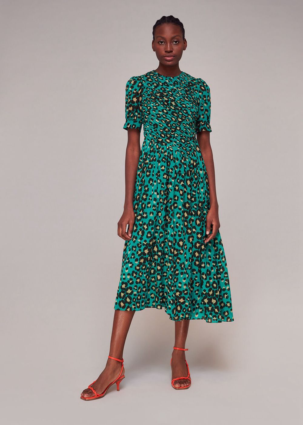 Whistles Painted Leopard Shirred Dress Green / Multicolor | US-98765SOHP