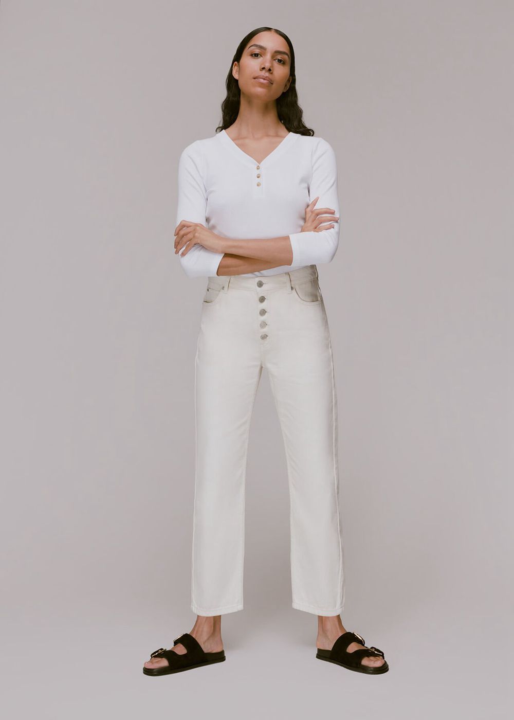 Whistles Paiton Ribbed Button Front Top White | US-65347USQA