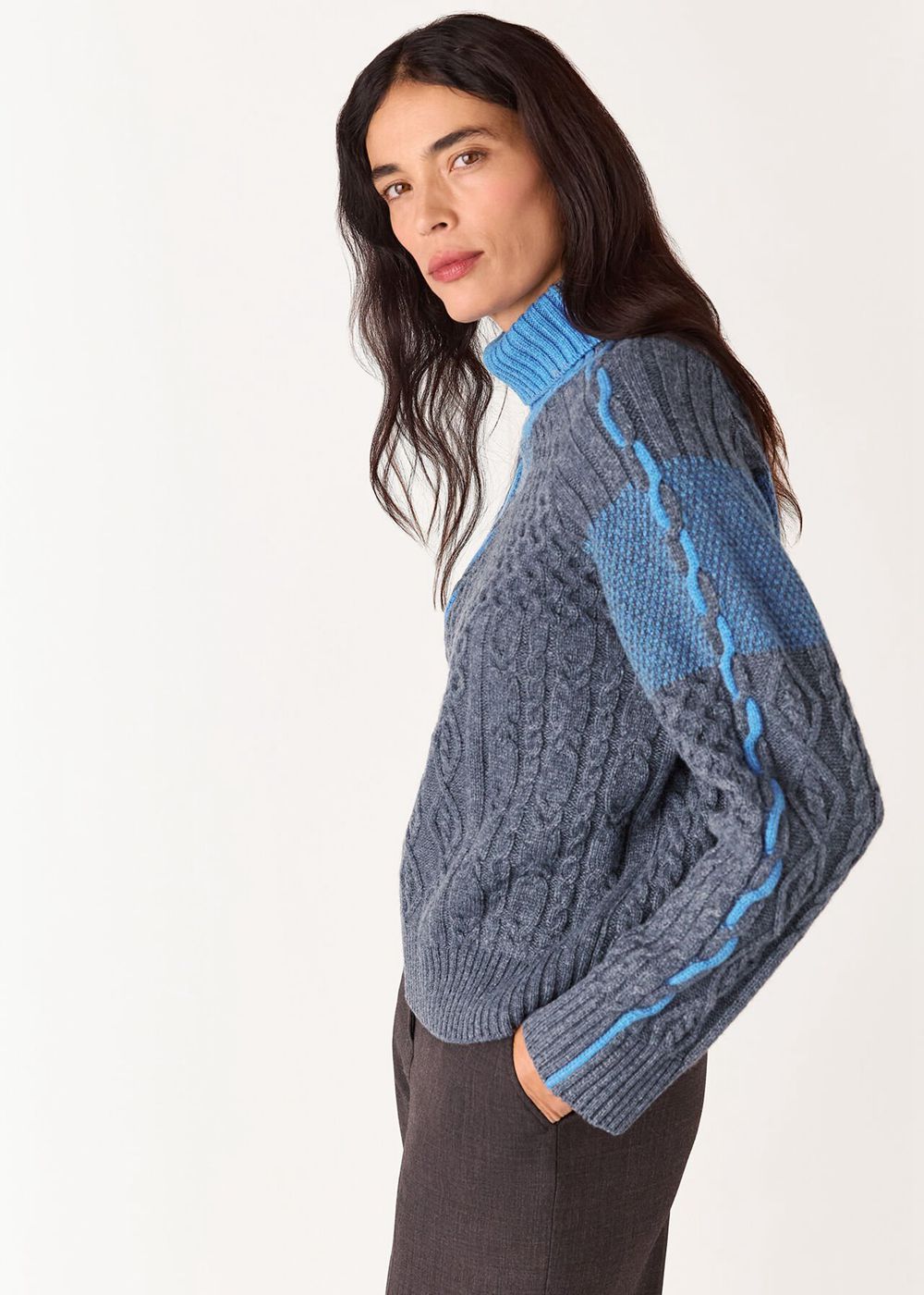 Whistles Patchwork Cable Sweater Blue / Multicolor | US-89571NUYR