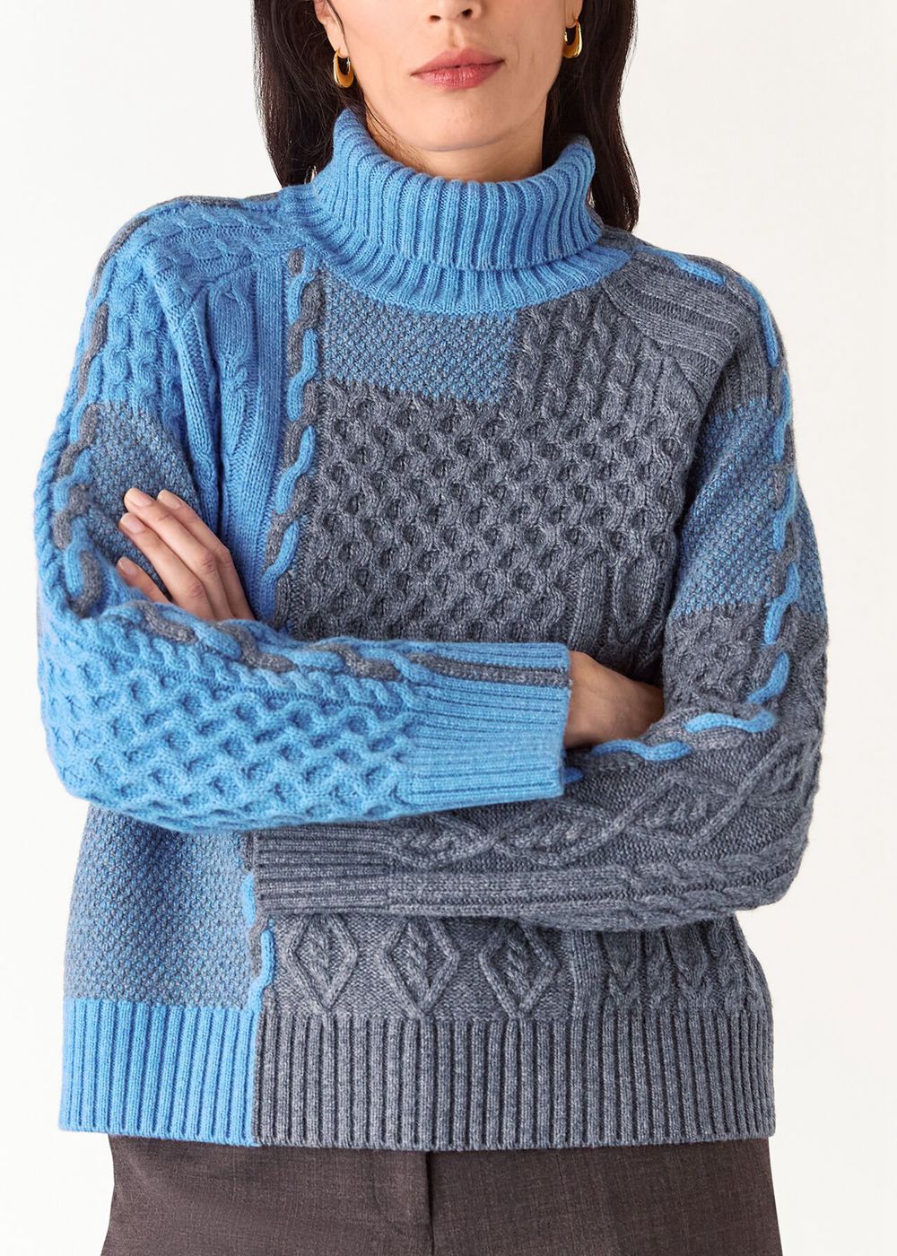 Whistles Patchwork Cable Sweater Blue / Multicolor | US-89571NUYR