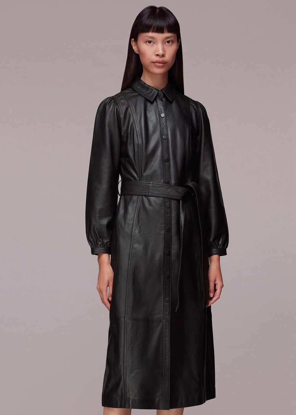 Whistles Phoebe Leather Shirt Dress Black | US-70124WLZY