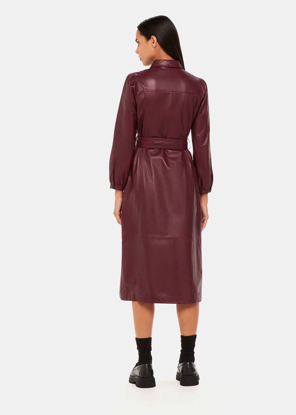 Whistles Phoebe Leather Shirt Dress Burgundy | US-12358ISQH