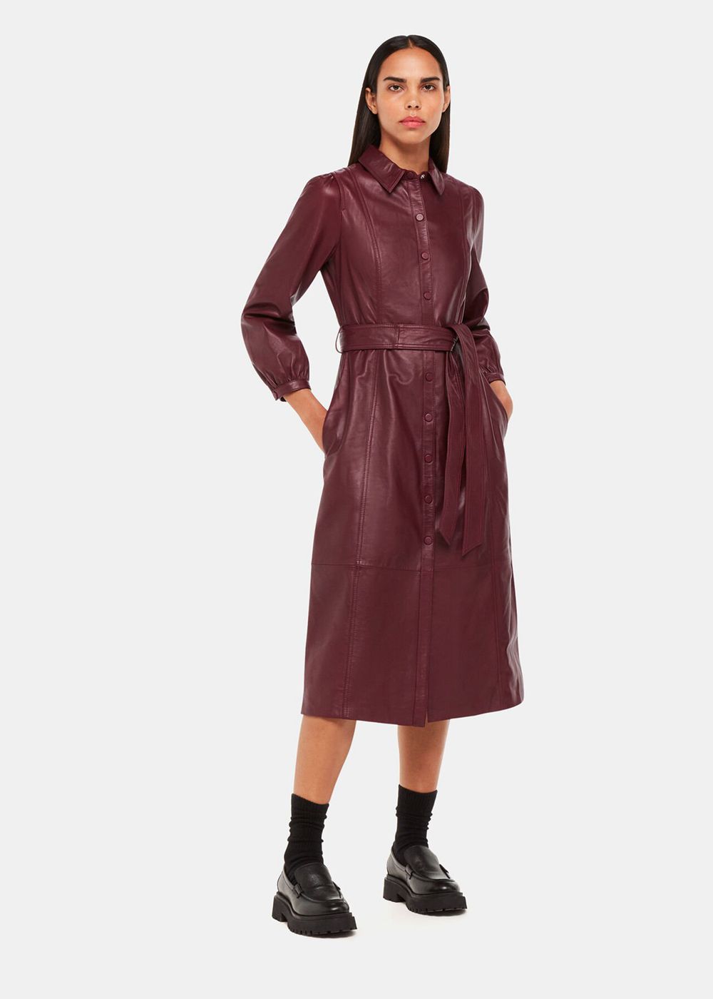 Whistles Phoebe Leather Shirt Dress Burgundy | US-12358ISQH