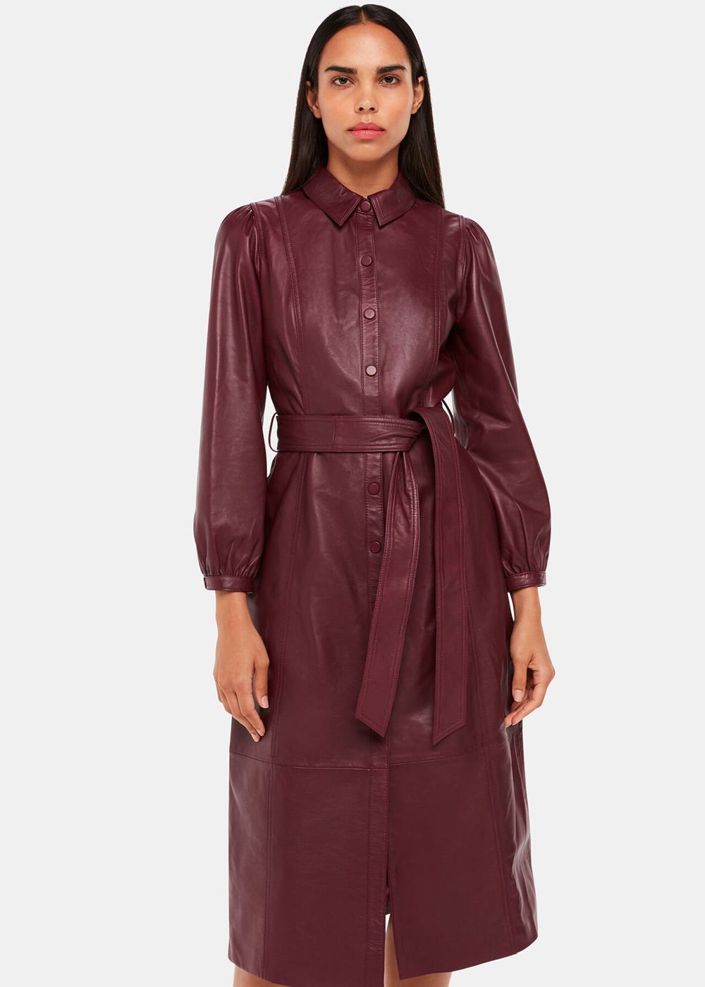 Whistles Phoebe Leather Shirt Dress Burgundy | US-12358ISQH