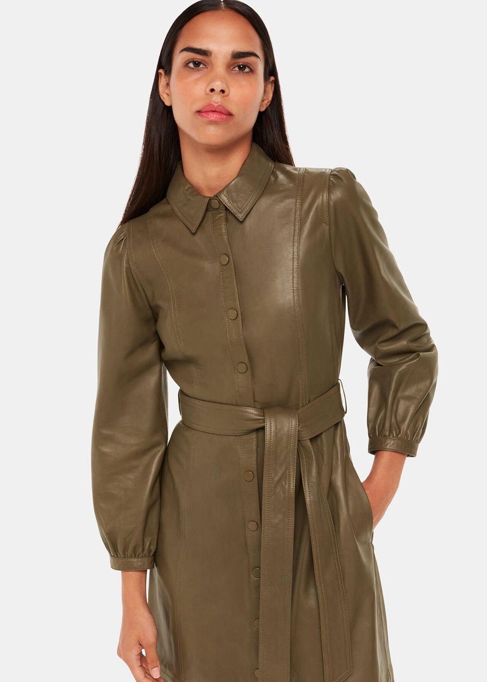 Whistles Phoebe Leather Shirt Dress Khaki | US-64789HCTS