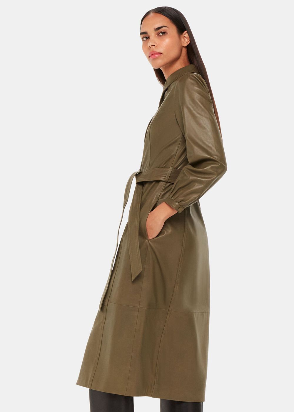 Whistles Phoebe Leather Shirt Dress Khaki | US-64789HCTS