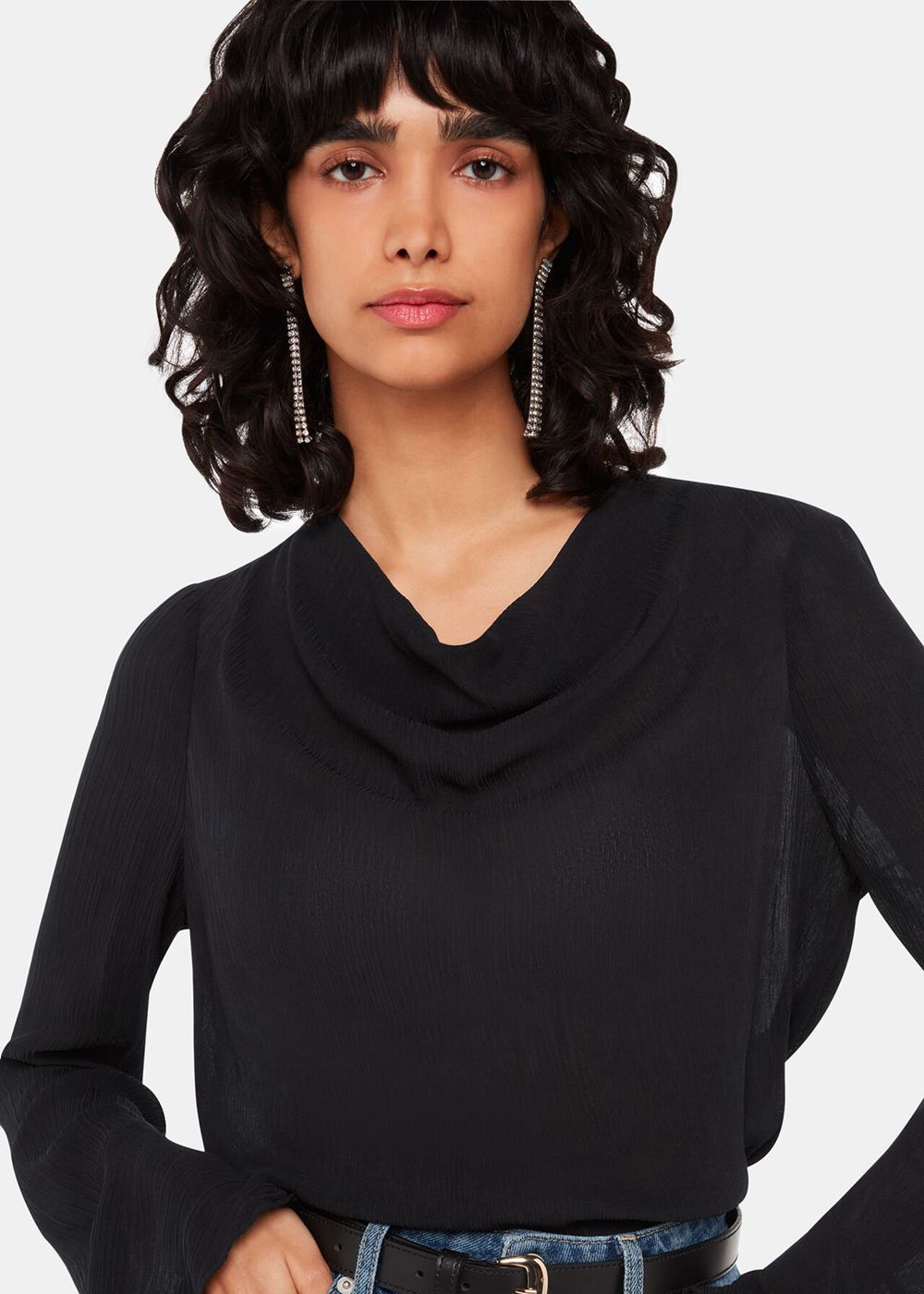 Whistles Pia Plisse Cowl Neck Top Black | US-83576TDIG