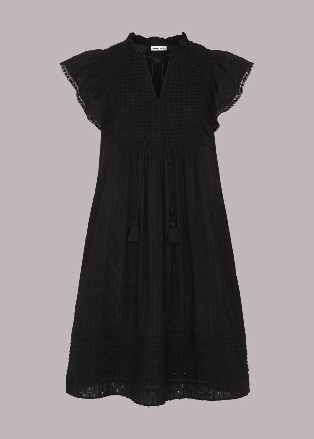 Whistles Pintuck Frill Cotton Dress Black | US-46972JBPN