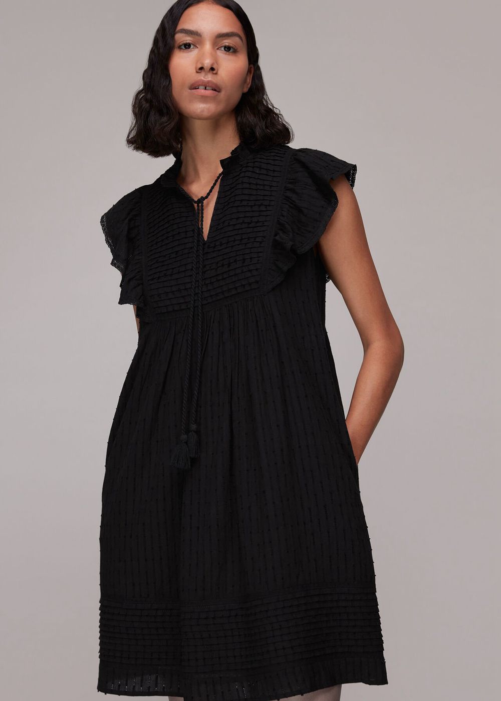 Whistles Pintuck Frill Cotton Dress Black | US-46972JBPN