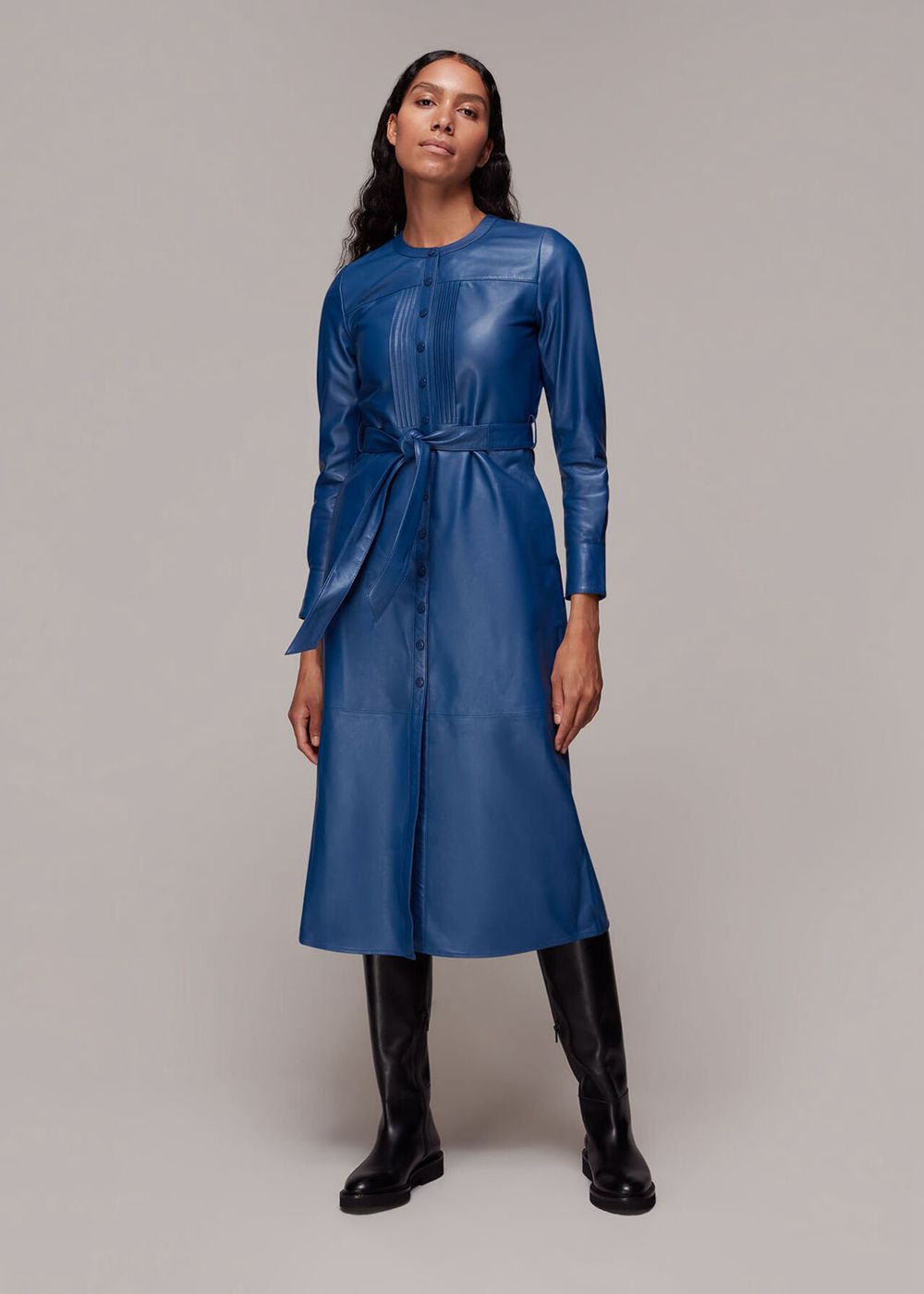 Whistles Pintuck Leather Midi Dress Navy | US-48059QMJF